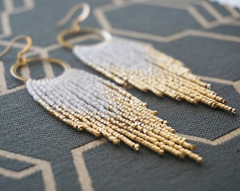 Alena | White + Gold Bridal Fringe Hoops | 14K Gold-Filled Earwires | Handwoven Slow-Made Boho Jewelry | Unique Gift for Her