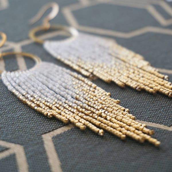 Alena | White + Gold Bridal Fringe Hoops | 14K Gold-Filled Earwires | Handwoven Slow-Made Boho Jewelry | Unique Gift for Her