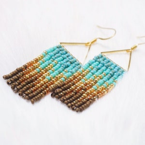 Evelyn Colorful Woven Geometrical Fringe Earrings 14K Gold-Filled Earwires Handwoven Slow-Made Boho Jewelry Unique Gift for Her Turquoise & Bronze