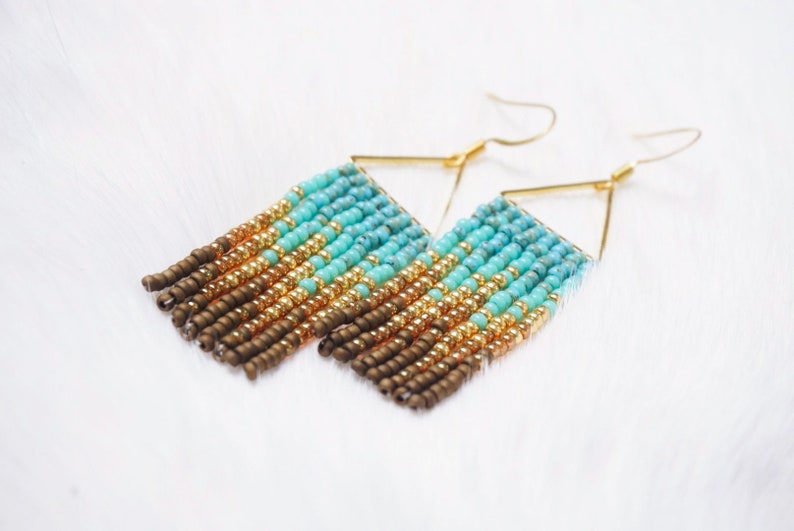Evelyn Colorful Woven Geometrical Fringe Earrings 14K Gold-Filled Earwires Handwoven Slow-Made Boho Jewelry Unique Gift for Her Turquoise & Bronze