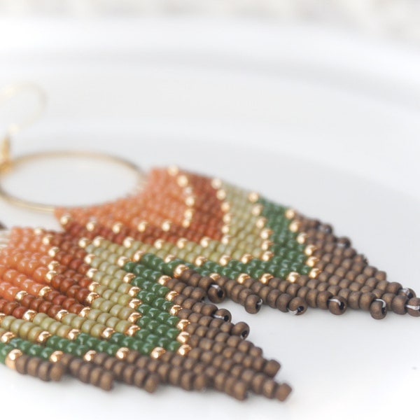 Tori | Earthy Browns & Greens Ombre Fringe Hoops | 14K Gold-Filled Earwires | Handwoven Slow-Made Boho Jewelry | Unique Gift for Her