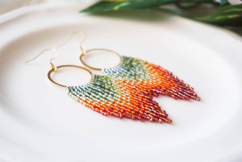 Salsa Colorful Red, Orange, & Red Fringe Hoops 14K Gold-Filled Earwires Handwoven Slow-Made Boho Jewelry Unique Gift for Her image 3