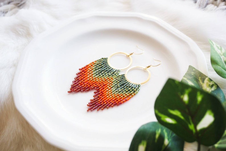 Salsa Colorful Red, Orange, & Red Fringe Hoops 14K Gold-Filled Earwires Handwoven Slow-Made Boho Jewelry Unique Gift for Her image 4