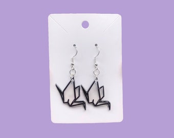 Orecchini a forma di gru origami in carta giapponese con infilatura in argento sterling, sigillati in resina, autentica carta washi giapponese, neri, orecchini a lunga durata - Italia