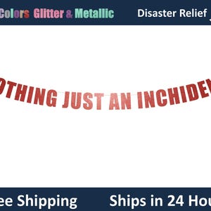 May include: A red glitter banner with the words "NOTHING JUST AN INCHIDENT" strung across a white background. The banner is suspended by a thin white string. The top of the image has text that reads "20+ Colors Glitter & Metallic Disaster Relief".