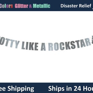 May include: A silver banner with the text "POTTY LIKE A ROCKSTAR" and a poop emoji. The banner is strung on a thin white string. The top of the image has text that says "20+ Colors Glitter & Metallic" and "Disaster Relief".