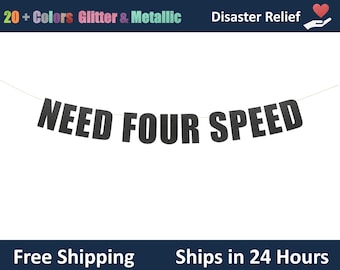 Banner met vier snelheden nodig - banner 4e verjaardag kinderen, decoratieve slinger racethema, autothemafeest, banner vliegtuigfeest