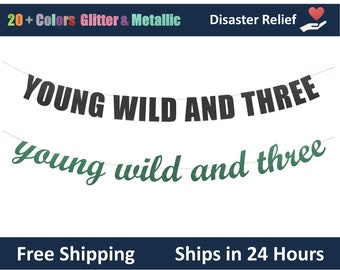 Puede incluir: Dos pancartas con los textos "YOUNG WILD AND THREE" y "young wild and three". La pancarta superior tiene texto negro, y la pancarta inferior tiene texto verde. Las pancartas están ensartadas en una cuerda fina.