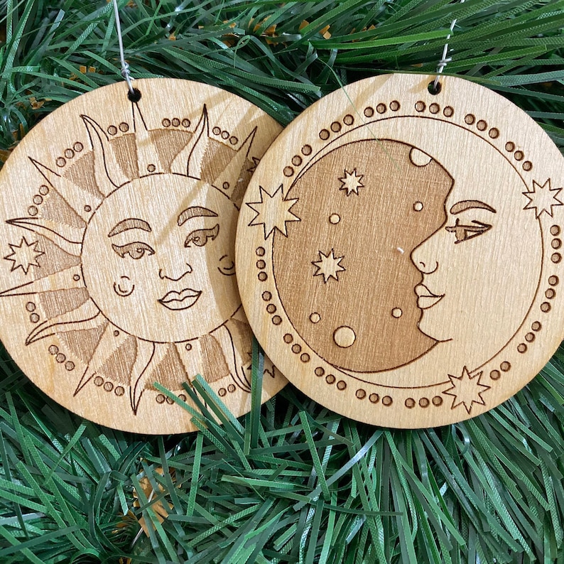Vintage Sun and Moon Wood Ornaments - Etsy
