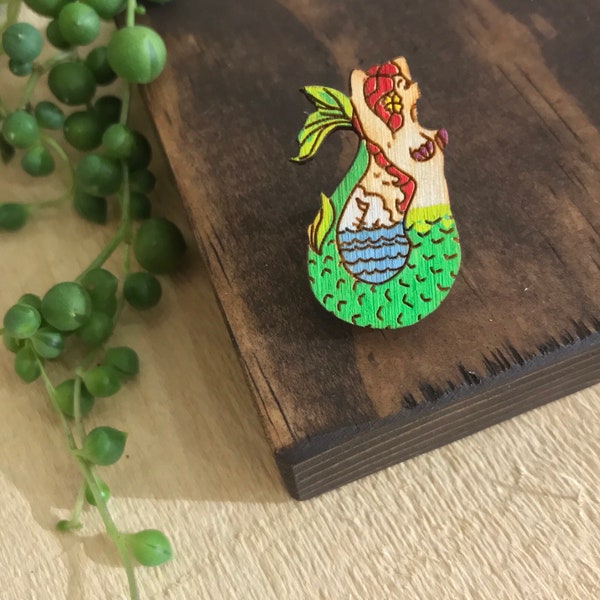 American Traditional Caribbean Little Mermaid Lapel Pin // Ariel // Reclaimed Wood // Handpainted // The Brave Wimp