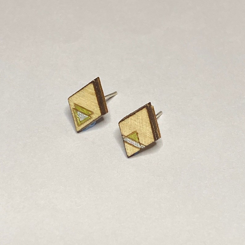 Geometric Diamond Wood Stud Earrings