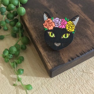 Frida Catlo, Black Cat with Flower Crown // Custom Pet Portrait Reclaimed Wood Pin // The Brave Wimp
