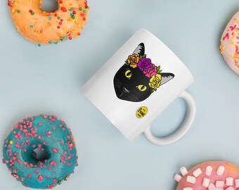 Frida Catlo Mug // Black Cat with Flower Crown