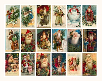 May include: A collection of eighteen vintage-style Christmas postcards featuring various illustrations of Santa Claus in different winter scenes, carrying toys, trees, and gifts, with text including Merry Christmas, A Happy Christmas to you, and Xmas Greetings.