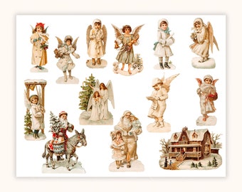 May include: A collection of vintage Christmas illustrations featuring angels, Santa Claus, a Christmas tree, a house, and children. The illustrations are in a traditional style with bright colors and intricate details.