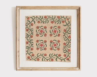 Antique Applique Quilt Art Print: Primitive Folk Art Watercolor Painting (Digital Download)