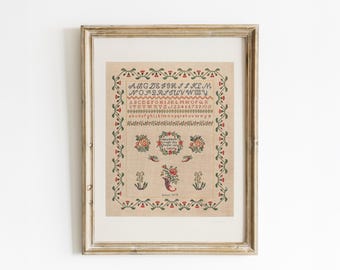 Primitive Folk Art Sampler Print: Early American Embroidery (Printable Wall Art)