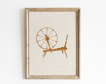 Folk Art Spinning Wheel Print: Antique Fibre Arts Watercolor (Digital Download)