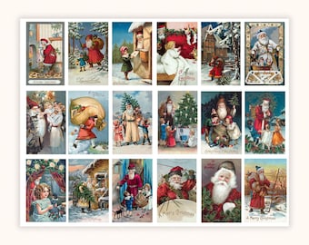 May include: A collage of 16 vintage Christmas postcards featuring Santa Claus, children, and winter scenes. The postcards are in various colors, including red, green, blue, and white. Some of the postcards have text, such as "A Merry Christmas" and "Christmas Greetings".