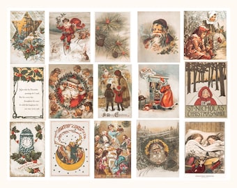 May include: A collection of vintage Christmas postcards featuring illustrations of Santa Claus, children, and winter scenes. The postcards are printed on thick paper with a glossy finish. The images are colorful and detailed, with a nostalgic feel.