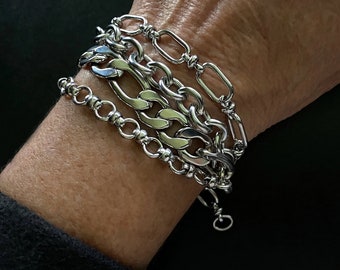 Rocker Bracelets, Chain Bracelets, Multi Strand Cuff, Statement Jewelry, OOAK Jewelry, Brutalist Bracelets, Rocker Jewelry, Charm Bracelets