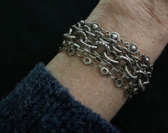 Rocker Bracelets, Multi Chain Cuff, Chain Bracelets, Rocker Jewelry, Charm Bracelets, Brutalist Style Jewelry, OOAK Jewelry, Silver Bracelet