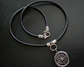 Compass Necklace, Nautical Jewelry, North Star Pendant, Silver and Leather, Leather Pendant Necklace, Unisex Jewelry, Gifts and Accessories