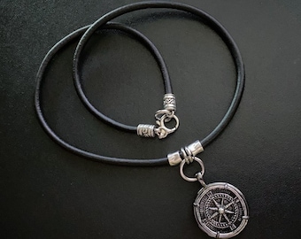 Compass Necklace, Nautical Jewelry, North Star Pendant, Silver and Leather, Leather Pendant Necklace, Unisex, Gifts for Him, Accessories