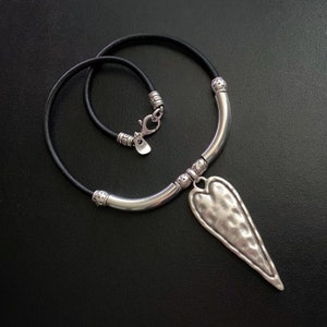 Heart Necklace, Long Pendant Necklace, Heart Jewelry, Statement Jewelry, Leather Jewelry, Leather and Silver, OOAK Jewelry, Gifts for Her