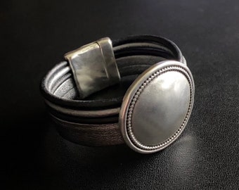 Wide Band Bracelet, Wide Cuff Bracelet, Statement Jewelry, Chunky Bracelets, Leather and Silver, Leather Bracelets, Boho Jewelry, Custom