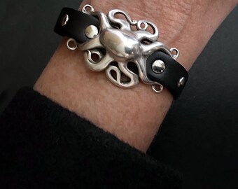 Octopus Bracelet, Leather Bracelets, Octopus Jewelry, Studded Bracelet, Leather and Silver, Leather Jewelry, Beach Theme, Fish Bracelets