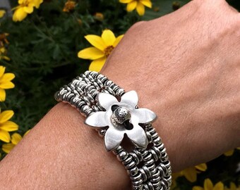 Beaded Bracelets, Leather Bracelets, Silver Bracelets, Leather Cuff, Boho Bracelets, Flower Bracelets, Leather and Silver, Gifts Under 50