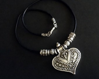 Heart Necklace, Statement Jewelry, Pendant Necklace, Heart Jewelry, Boho Jewelry, Tribal Pendant, Silver and Leather, Gifts for Her