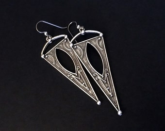 Triangle Earrings, Ethnic Jewelry, Silver Earrings, Tribal Dangles, Silver Jewelry, Boho Jewelry, Chunky Earrings, Under 50, Gifts For Her