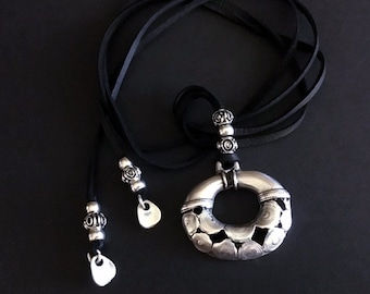 Long Adjustable Leather Necklace, Tribal Pendant Necklace, Boho Jewelry, Silver and Leather Choker, Gifts for Her