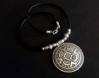 Circle Pendants, Statement Necklaces, Leather Necklaces, Silver Pendants, Boho Jewelry, Pendant Necklaces, Gifts for Her, Gifts Under 50