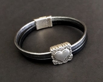 Leather Bracelet with Heart Focal, Leather and Silver Jewelry, Gifts for Friends, Love Themed Gift Ideas, Accessories
