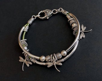 Beaded Bracelets, Charm Bracelets, Stacking Bracelets, Leather Jewelry, Boho Bracelet, Layering Jewelry, Dragonfly Jewelry, Friendship Gifts