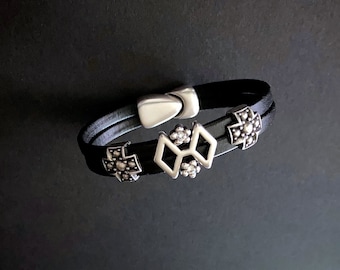Cross Bracelets, Silver and Leather, Religious Jewelry, Minimalist Bracelets, Leather Bracelets, Cross Jewelry, Gothic Bracelet, Under 50