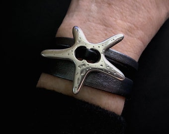 Starfish Bracelets, Wide Band Bracelets, Boho Bracelets, Starfish Jewelry, OOAK Jewelry, Leather Bracelets, Cuff Bracelets, Boho Jewelry