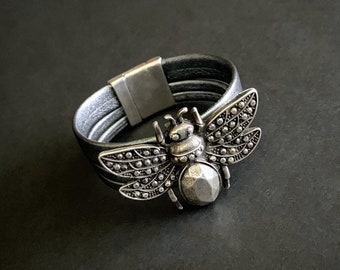 Bee Bracelets, Leather Bracelets, Cuff Bracelets, Boho Jewelry, Statement Jewelry, Wide Leather Cuff, Leather and Silver, Leather Jewelry