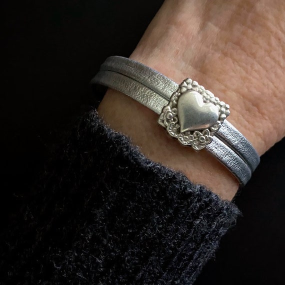Heart Jewelry, Heart Bracelets, Leather Bracelets, Silver and Leather, Friendship Bracelets, Love Bracelets, For Her, Love Themed Jewelry