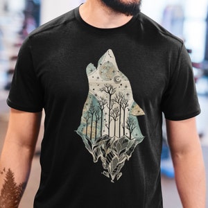 Loup hurlant carte chemise loups forêt t-shirt graphique faune animaux carcajou amoureux petit ami cadeau aventure nature extérieur randonnée vêtements