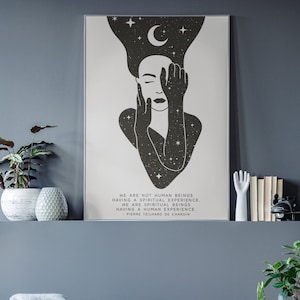 Spiritual Feminine Art Print - Inspirational Celestial Woman Wall Hanging - Moon Stars Night Sky Female Art for Bedroom - Her Goddess Gift