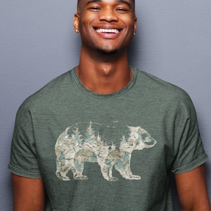 T-shirt ours forêt - chemise graphique imprimé carte ours - t-shirt montagne extérieur randonnée aventure nature - cadeau pour amoureux des animaux de la faune pour papa lui