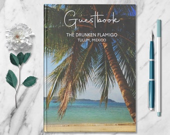 Palm Tree Personalized Guestbook Custom Beach Vacation Home Guest Book Customized Tropical Sea Getaway Notebook Travel Rental Memory Journal