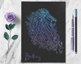 Floral Lion Personalized Name Notebook Custom Flower Journal Customized Travel Adventure Journal Feminine Dream Diary Animal Manifest Book