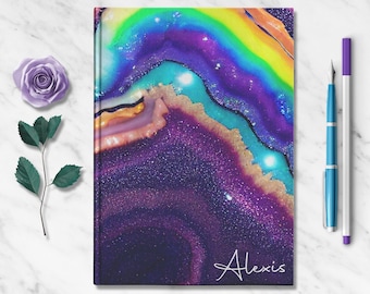 Abstract Marble Personalized Name Notebook Custom Daily Poetry Writing Journal Unique Boho Purple Rainbow Minimalist Gratitude Dream Diary