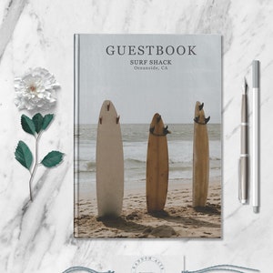 Surfboard Personalized Guestbook Custom Vacation Home Guest Book Customized Beach Waves Getaway Notebook Sea Travel Rental Memory Journal