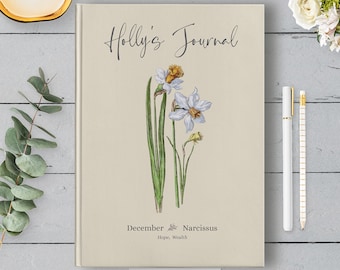 Cuaderno personalizado con la flor de nacimiento, lámina botánica antigua, regalo de cumpleaños personalizado, diario de sueños florales personalizado, diario para escribir poesía.